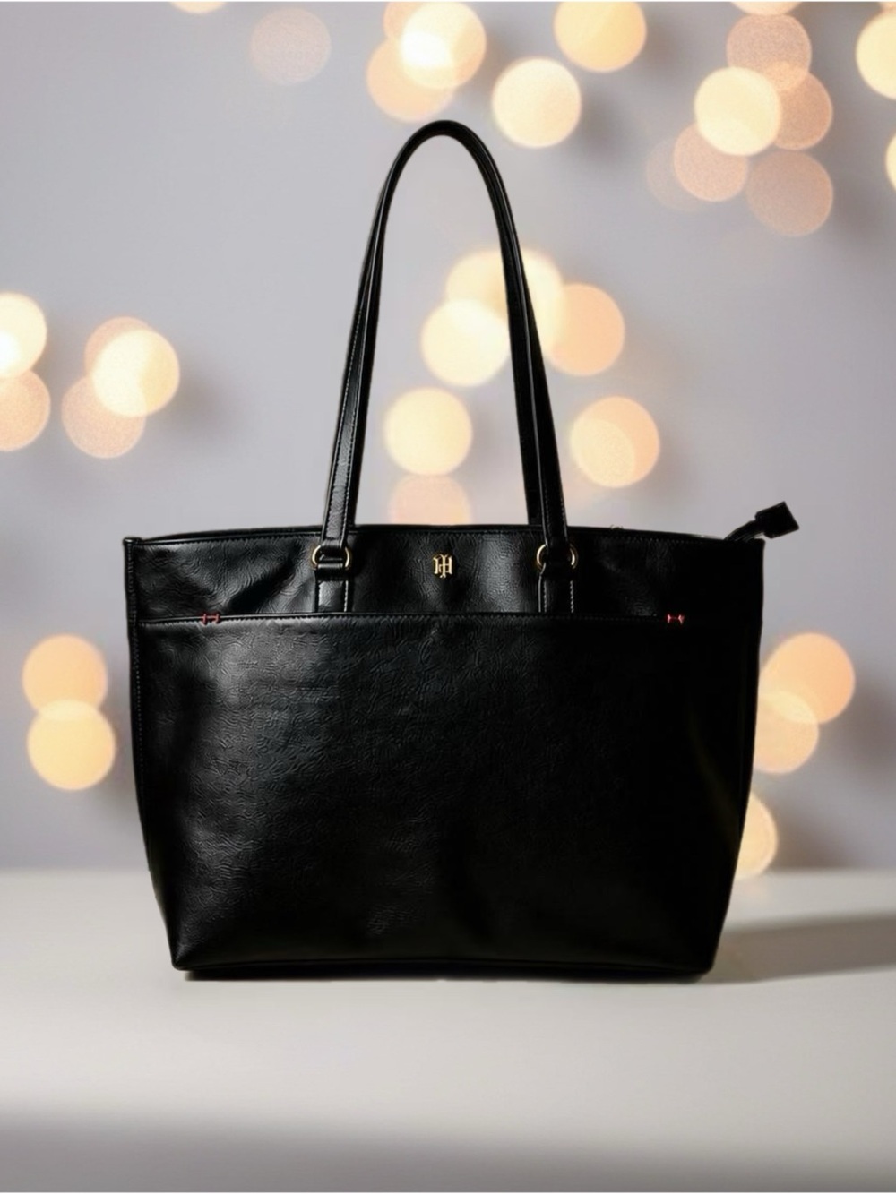 Tommy Hilfiger Faux Black Leather Tote with Gold Logo